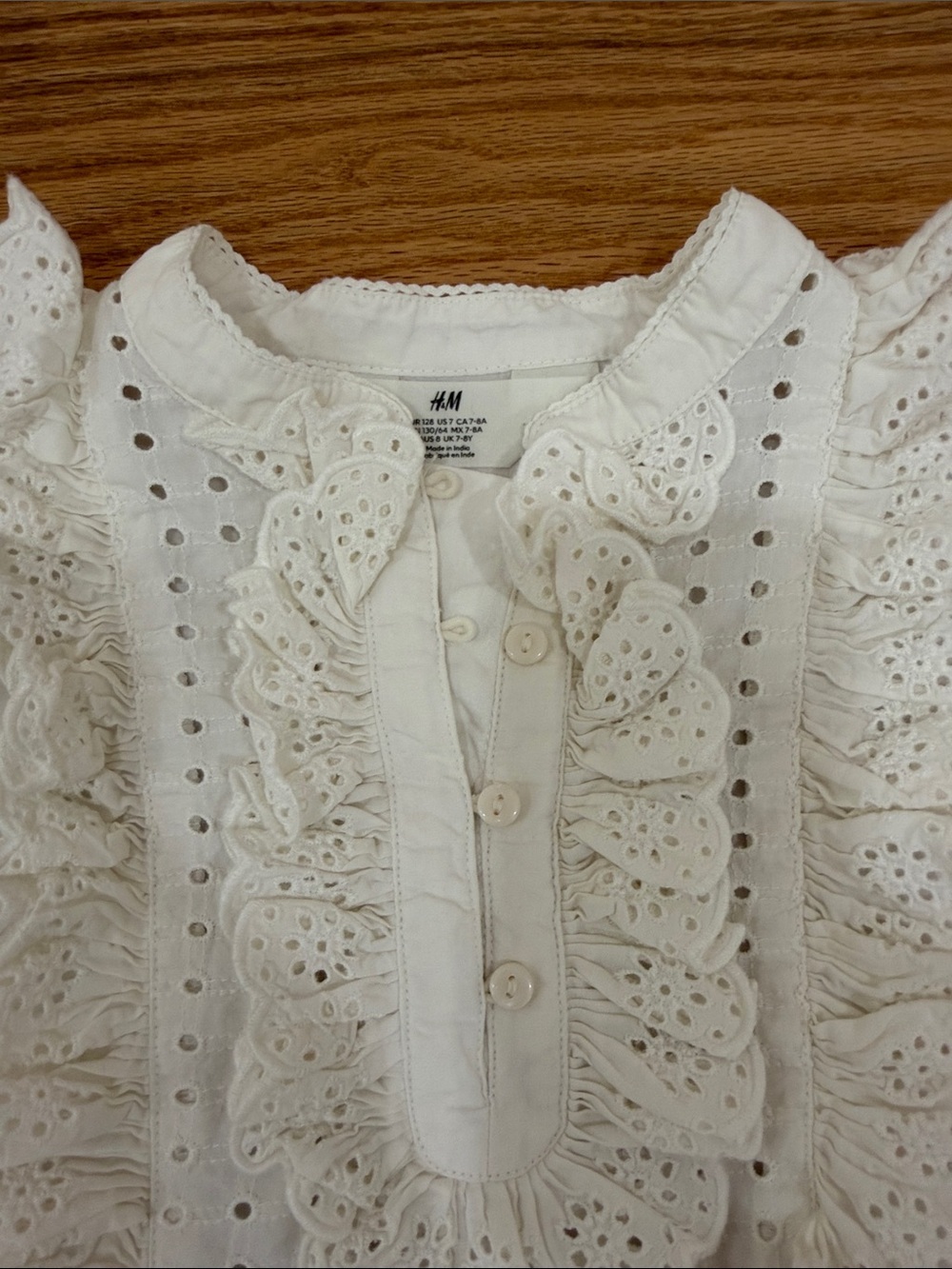 H&M Cream Eyelet Ruffle Front Blouse half button up girls size 7